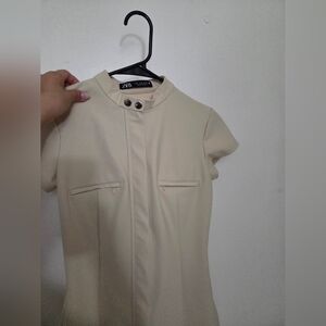 Zara Beige Short Sleeve Dress with Button Detail